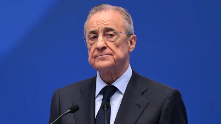 Florentino Perez Rodriguez, President of Real Madrid speaks as Real Madrid new signing, Kylian Mbappe is unveiled at Estadio Santiago Bernabeu on July 16, 2024 in Madrid, Spain.
