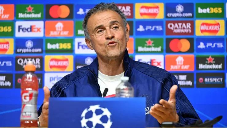 Luis Enrique, Head Coach of Paris Saint-Germain, talks during a press conference ahead of their UEFA Champions League 2024/25 quarter final second leg match against Aston Villa at Villa Park on April 14, 2025 in Birmingham, England.
