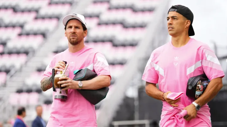 Lionel Messi #10 and Luis Suárez #9 of Inter Miami CF arrive prior to a game against the Philadelphia Union at Chase Stadium on March 29, 2025 in Fort Lauderdale, Florida.
