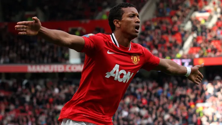 Nani of Manchester United celebrates scoring his team's fourth goal during the Barclays Premier League match between Manchester United and Aston Villa at Old Trafford on April 15, 2012 in Manchester, England.
