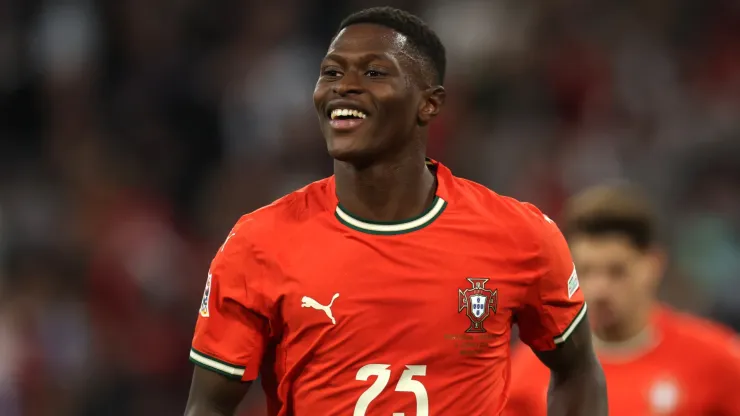 Nuno Mendes of Portugal celebrates scoring his team's first goal during the UEFA Nations League 2025 final match between Portugal and Spain at Munich Football Arena on June 08, 2025 in Munich, Germany.
