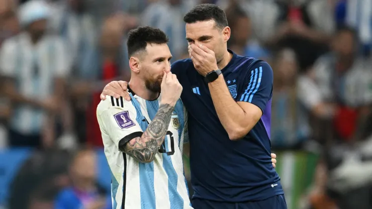 Lionel Scaloni, Head Coach of Argentina, celebrates with Lionel Messi after the win in the penalty shootout during the FIFA World Cup Qatar 2022 quarter final match between Netherlands and Argentina at Lusail Stadium on December 09, 2022 in Lusail City, Qatar.
