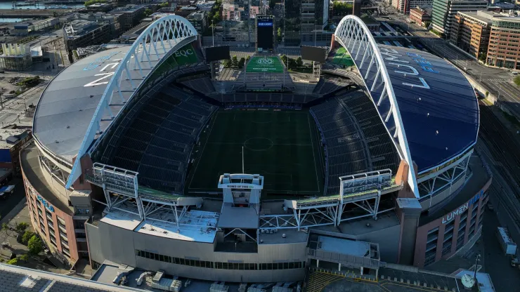 In an aerial general view, Lumen Field, a host of 2026 FIFA World Cup, is seen on June 28, 2023. 
