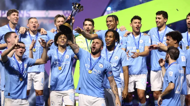 Kyle Walker of Manchester City lifts the FIFA Club World Cup trophy after their team's victory in the FIFA Club World Cup Saudi Arabia 2023 Final.
