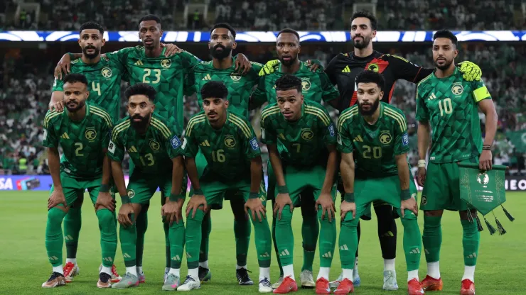Players of Saudi Arabia pose for a team photograph prior to the 2026 FIFA World Cup Round Three AFC Asian Qualifier match between Saudi Arabia and Australia Socceroos in 2025.
