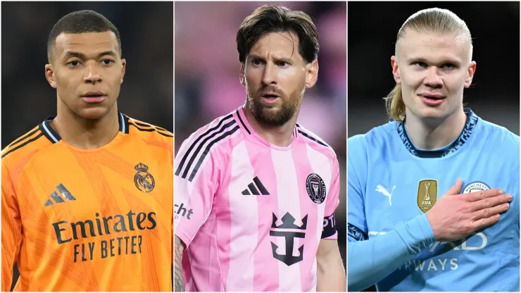 Kylian Mbappe (left),  Lionel Messi (center), and Erling Haaland (right)
