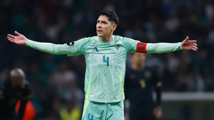 Edson Alvarez of Mexico celebrates after the team's first goal during the CONCACAF Nations League match between Mexico and Honduras at Nemesio Diez Stadium on November 19, 2024 in Toluca, Mexico.
