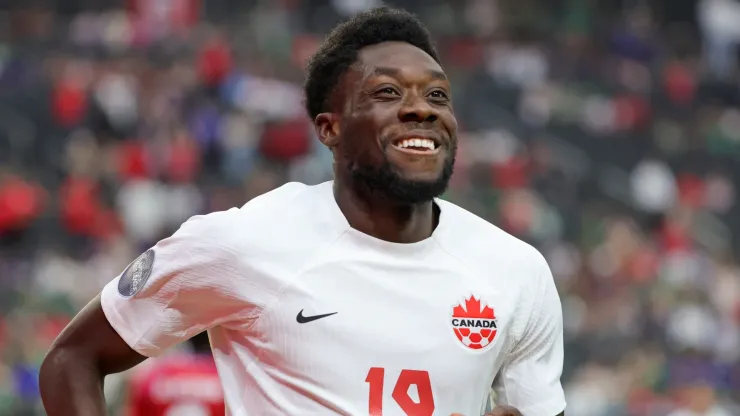 Alphonso Davies #19 of Canada reacts after scoring a goal against Panama in the second half of their game during the 2023 CONCACAF Nations League semifinals at Allegiant Stadium on June 15, 2023 in Las Vegas, Nevada. Canada defeated Panama 2-0.