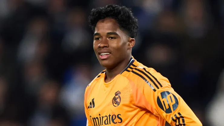 Endrick Felipe of Real Madrid reacts during the Copa del Rey Semi Final match between Real Sociedad and Real Madrid at Reale Arena on February 26, 2025 in San Sebastian, Spain.