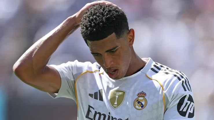 Jude Bellingham #5 of Real Madrid C.F. reacts during the FIFA Club World Cup 2025 semi-final match between Paris Saint-Germain and Real Madrid CF at MetLife Stadium on July 09, 2025 in East Rutherford, New Jersey.
