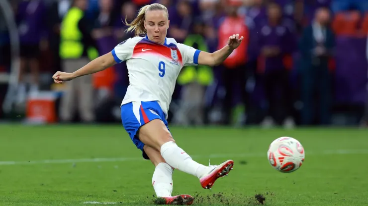Beth Mead of England slips and scores a penalty kick, before having to retake it due to a double touch which she misses during the UEFA Women's EURO 2025 Final match between England and Spain at St. Jakob-Park on July 27, 2025 in Basel, Switzerland.