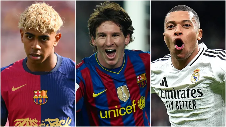 Lamine Yamal (left), Lionel Messi (center), and Kylian Mbappe (right)