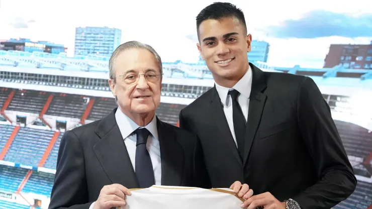 Real Madrid player Reinier Jesus (R) with the President Florentino Perez during his official presentation. February 18, 2020.
