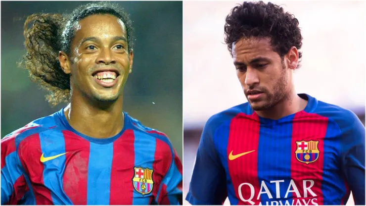 Brazilian stars Ronaldinho and Neymar playing for Barcelona.
