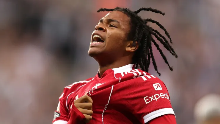Rio Ngumoha of Liverpool celebrates scoring his team's third goal during the Premier League match between Newcastle United and Liverpool at St James' Park on August 25, 2025 in Newcastle upon Tyne, England.
