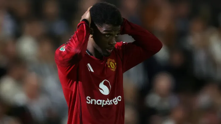 Kobbie Mainoo reacts during the Carabao Cup Second Round match between Grimsby Town and Manchester United.