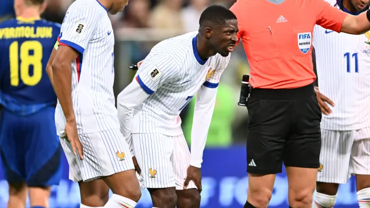 Ousmane Dembele of France goes down with an injury during the FIFA World Cup 2026 qualifier match between Ukraine and France.
