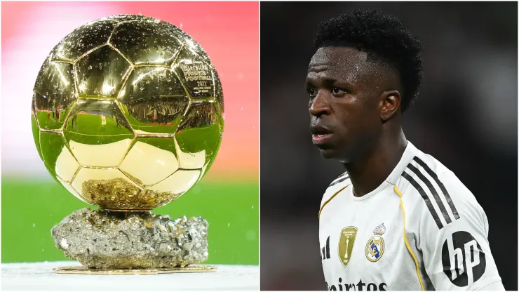The Ballon d'Or trophy and Real Madrid winger Vinicius.
