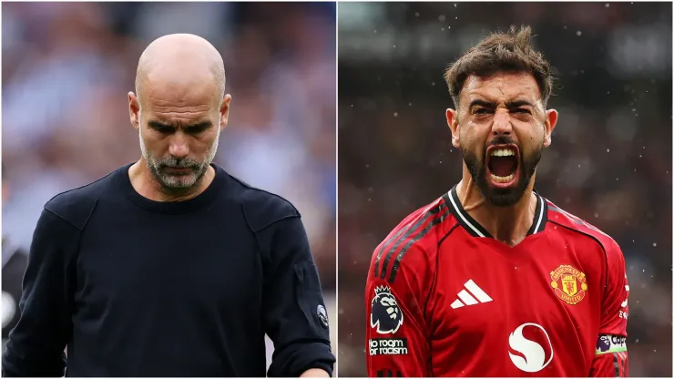 Pep Guardiola, Manager of Manchester City, and Bruno Fernandes, player of Manchester United.
