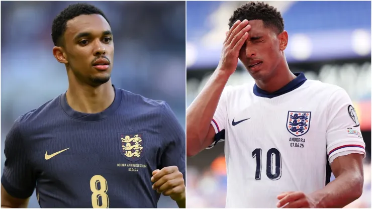 Trent Alexander-Arnold and Jude Bellingham playing for England.