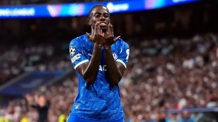 Timothy Weah celebrates scoring his team's first goal during the UEFA Champions League match between Real Madrid C.F. and Olympique de Marseille.
