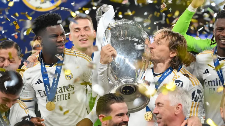 Luka Modric of Real Madrid kisses the UEFA Champions League Trophy after his team's victory during the UEFA Champions League 2023/24 Final.
