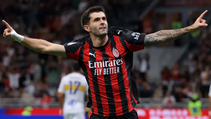 Christian Pulisic of AC Milan celebrates after scoring to give the side a 3-0 lead during the Coppa Italia.

