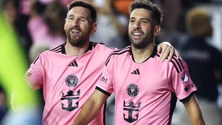 Lionel Messi #10 of Inter Miami celebrates with Jordi Alba #18.
