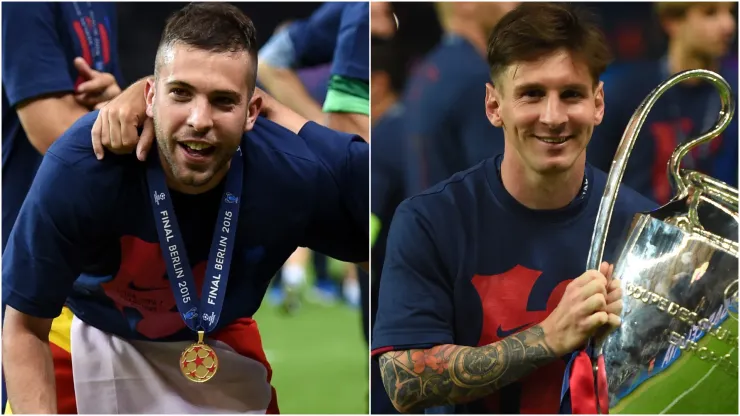 Jordi Alba and Lionel Messi from FC Barcelona celebrate the Champions League title