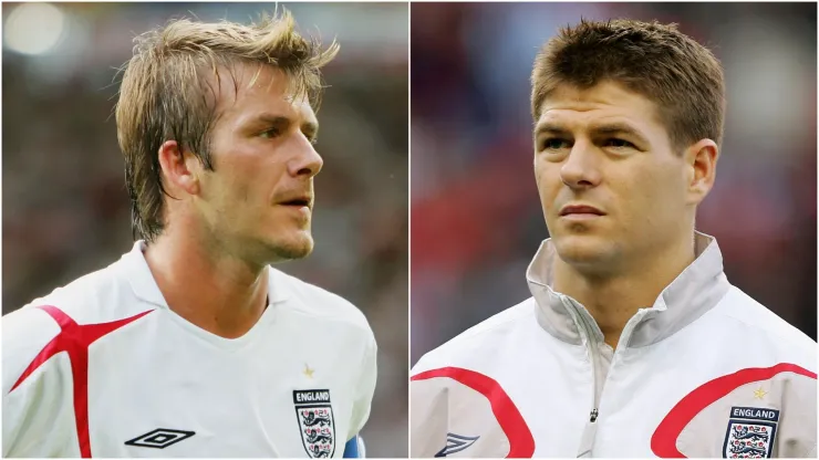 David Beckham and Steve Gerrard playing for England.
