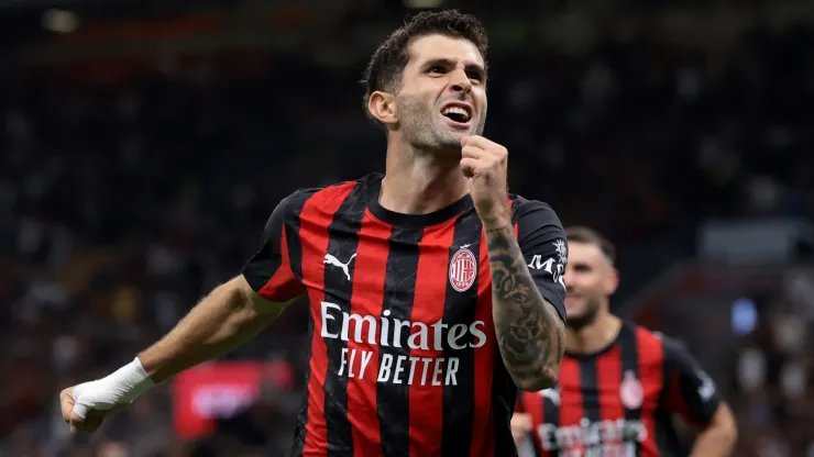 Christian Pulisic of AC Milan celebrates after scoring to give the side a 3-0 lead during the Coppa Italia.
