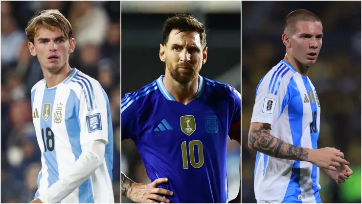 Argentina's Nico Paz, Lionel Messi, and Franco Mastantuono.
