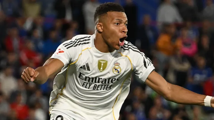 Kylian Mbappe of Real Madrid celebrates scoring a goal vs Getafe.