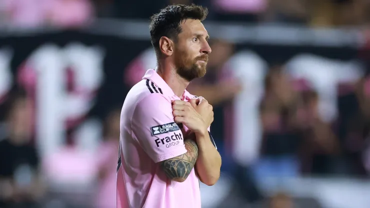 Lionel Messi celebrates after scoring a goal for Inter Miami.