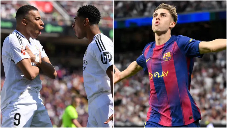 Kylian Mbappe and Jude Bellingham of Real Madrid with Fermin Lopez of Barcelona.