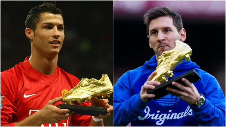 Cristiano Ronaldo and Lionel Messi holding the Golden Boot award.

