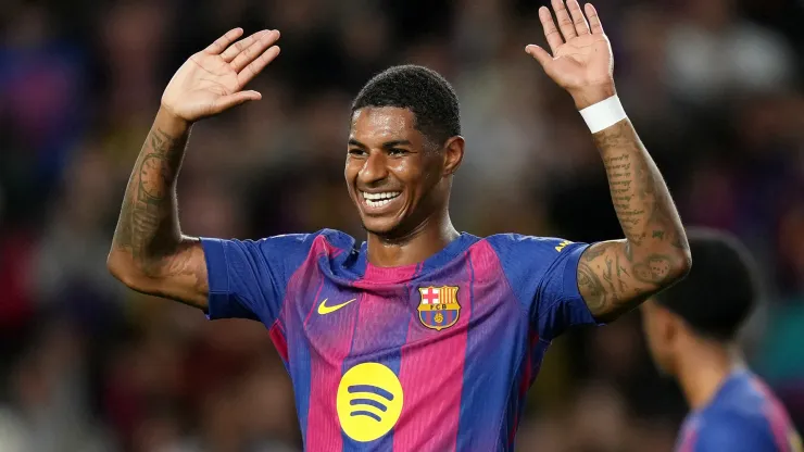Marcus Rashford of FC Barcelona celebrates scoring his team's third goal.
