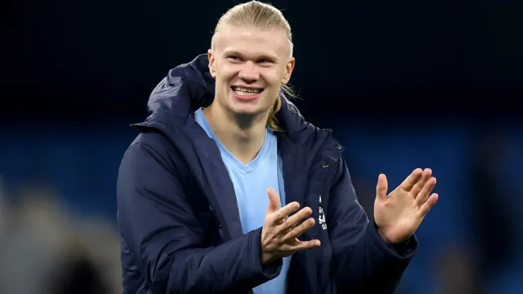 Erling Haland of Manchester City celebrates a Premier League victory.