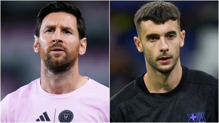 Lionel Messi #10 of Inter Miami CF and Joan Garcia of FC Barcelona.