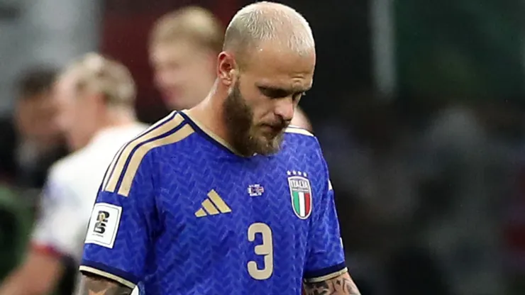 Federico Dimarco of Italy looks dejected during a FIFA World Cup 2026 qualifier match.
