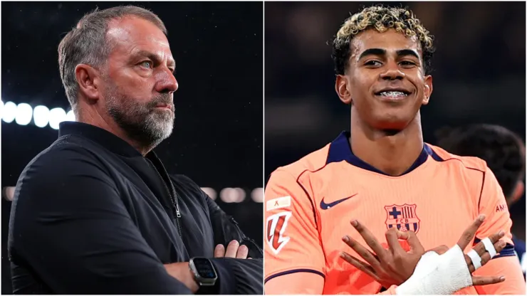 Hansi Flick, Head Coach of FC Barcelona, and Lamine Yamal celebrating a goal.