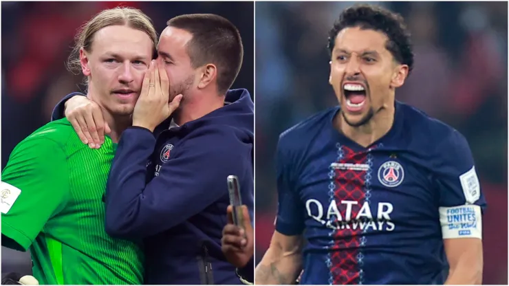 Paris Saint-Germain stars Matvey Safonov and Marquinhos celebrating the 2025 FIFA Intercontinental Cup victory.
