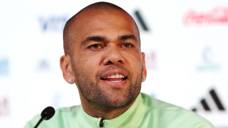 Dani Alves of Brazil speaks during the Brazil Press Conference.
