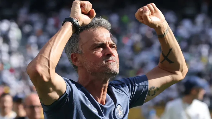Luis Enrique, Head Coach of Paris Saint-Germain, celebrates.
