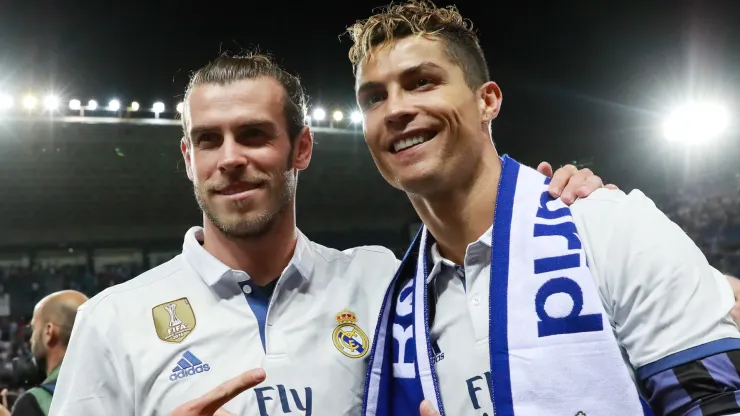 Cristiano Ronaldo of Real Madrid and Gareth Bale of Real Madrid celebrating. 
