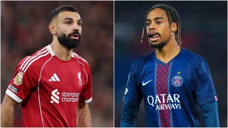 Liverpool's Mohamed Salah and PSG's Bradley Barcola.
