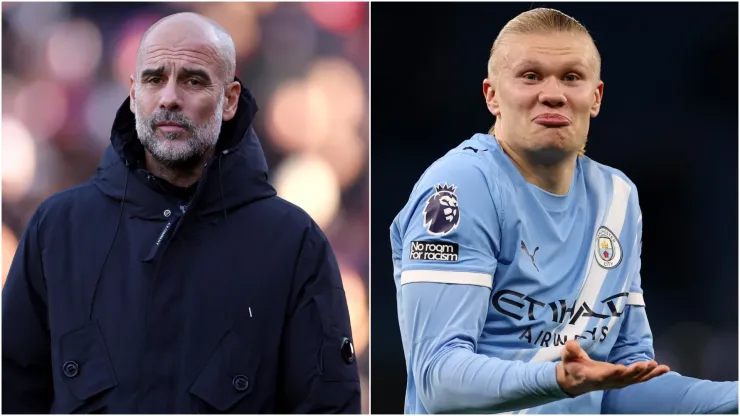 Manchester City's Pep Guardiola and Erling Haaland.
