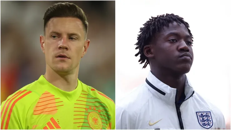Germany goalkeeper Marc-Andre Ter Stegen and England midfielder Kobbie Mainoo.

