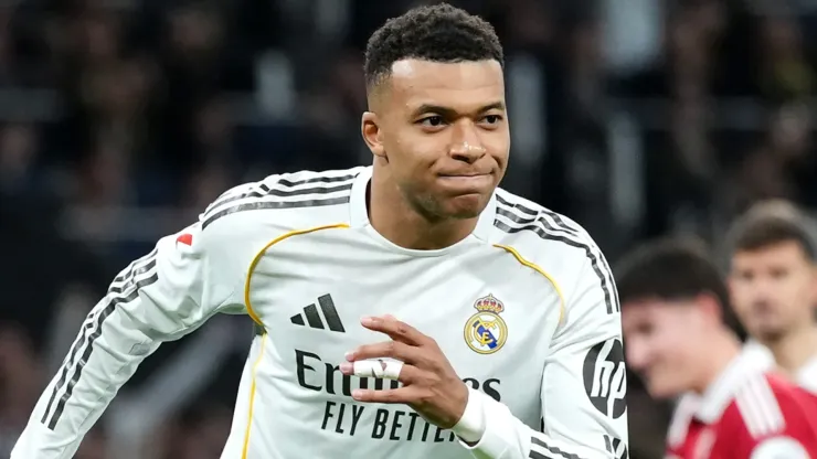 Kylian Mbappe of Real Madrid celebrates scoring a goal in LaLiga.
