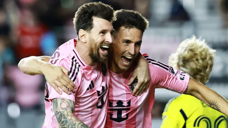 Lionel Messi #10 and Tadeo Allende #21 of Inter Miami celebrating a goal.
